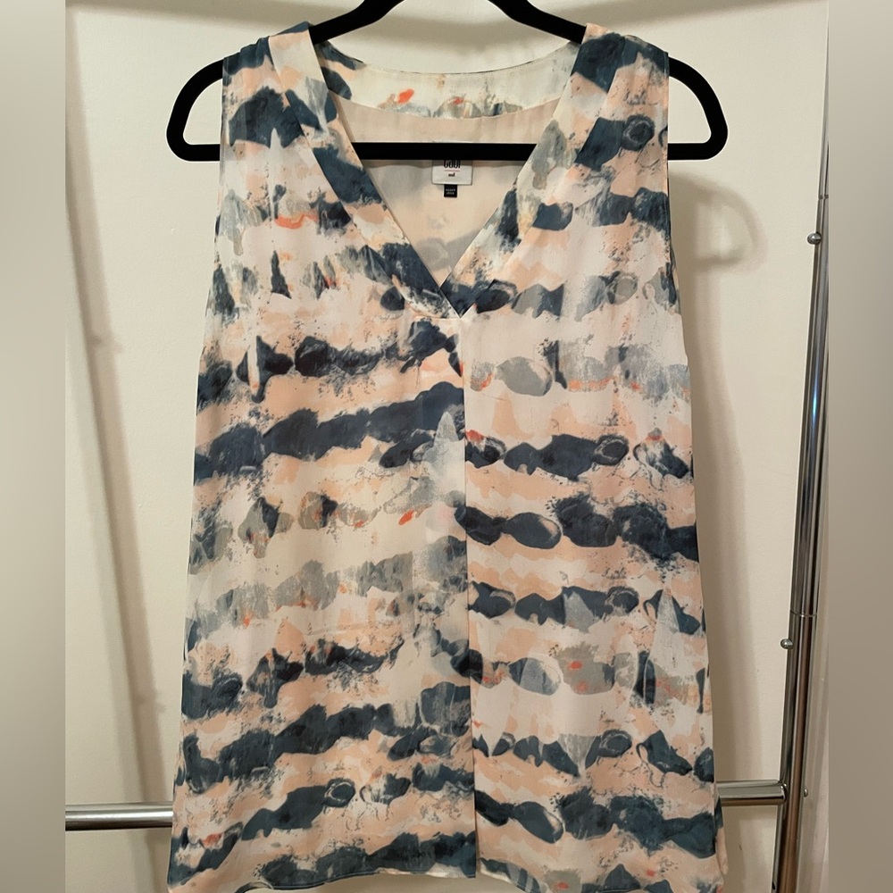 CAbi Blue and Cream Sleeveless Tank Top